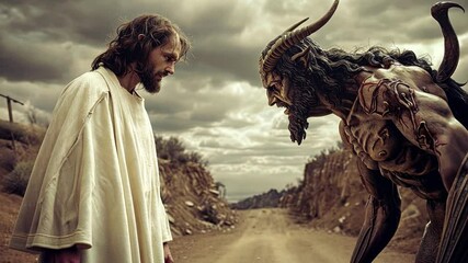 A dramatic confrontation unfolds on a barren road where a figure, embodying goodness, faces an intimidating creature, symbolizing evil. The cloudy sky enhances the tension of the moment.