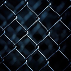 Fototapeta premium Close-up view of a dark blue chain link fence showing a diamond shaped grid pattern against a blurred dark background