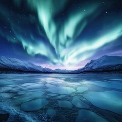 Naklejka premium A spectacular aurora borealis display of colors . Vivid auroras illuminate a serene icy landscape at twilight.