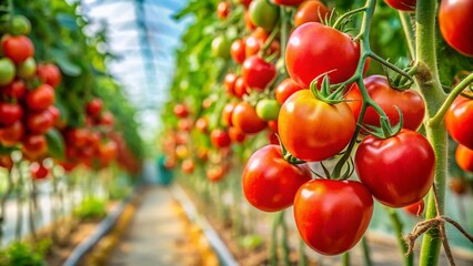 Ripe Red Tomatoes Growing on Vine in Greenhouse - Organic Farm Produce Stock Photo