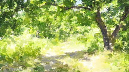 Obraz premium Sunlit Green Path Lush Forest Summer Nature Scene