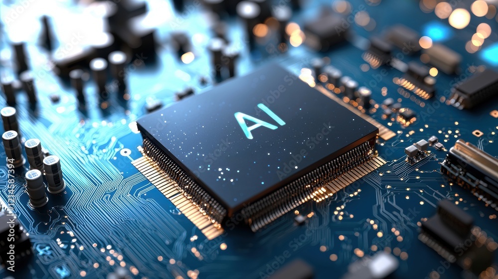Poster computer processor placed on top of a circuit board showcasing electronic components and connections