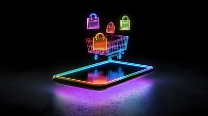 Smartphone Projecting 3D Shopping Cart with Neon Floating Icons in Dark Background