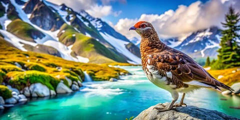 Obraz premium Rock Ptarmigan Bird by Water - Majestic Alpine Wildlife Photography