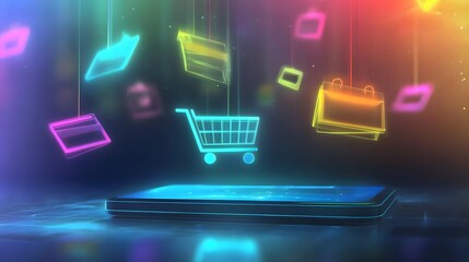 Conceptual E-commerce Design with Glowing Cart and Vibrant Shopping Symbols on Mobile Device