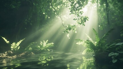 Obraz premium A glowing rainforest scene with soft sunlight breaking through green foliage, creating a magical natural environment