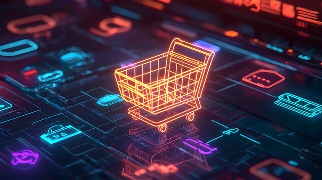 Neon Glowing Virtual Shopping Cart Surrounded by Interactive Shopping Icons in Futuristic Digital Layout