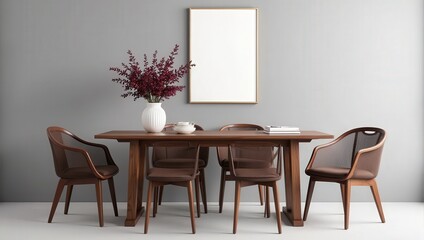 A cozy wooden dining setup featuring four sleek chairs with brown mesh seats encircling an elegant wooden table, accented by a charming vase at its center