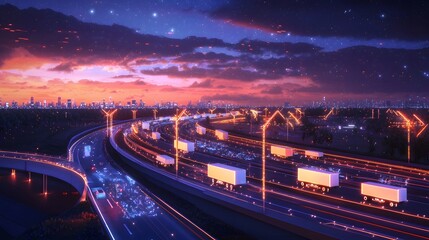 Fototapeta premium Futuristic Logistics Network with Autonomous Delivery on Glowing Highway