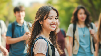 Fototapeta premium Group young students walking campus sunny day backpacks casual clothes friends college life education outdoors together
