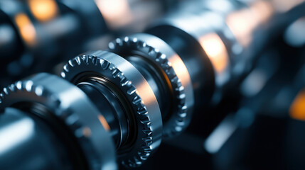 A close-up view of metallic gears and cogs, intricately designed and illuminated, showcasing precision engineering in machinery.