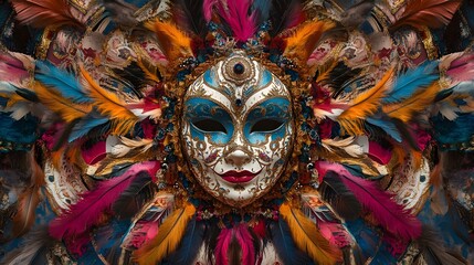 Fototapeta premium Carnevale Mask and Feather Mandala Composition with Vibrant Symmetry and Flair