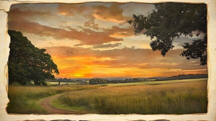 Obraz premium Golden Hour Sunset Landscape Painting Countryside Path Summer Field
