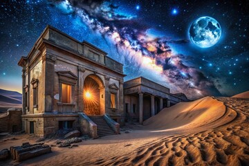 Obraz premium Abandoned Theater Ruins on Desert Sand Dune at Night - Stock Photo