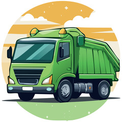 Green garbage truck in flat style. Vector Illustration. 