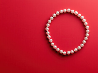 Pearl necklace arranged in circle on red background