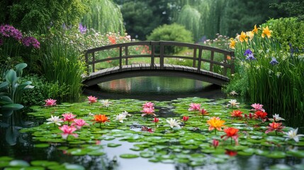 Fototapeta premium botanical garden pond, tranquil spring pond with lilies, irises, and a wooden bridge, ideal for adding text