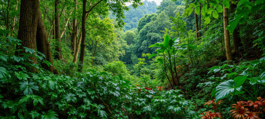 Obraz premium Lush green forest with dense foliage and tall trees, vibrant vegetation, serene atmosphere, ideal for nature lovers and outdoor enthusiasts seeking tranquility