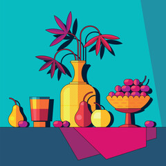 Still life poster. Leaves in vase near fruits in bowl. Abstract drawing style. Bright colored cartoon flat vector illustration.