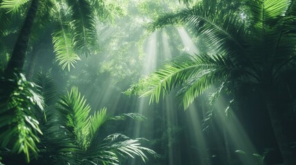 Obraz premium Dense rainforest trees illuminated by rays of sunlight, vibrant green foliage creating a serene natural atmosphere