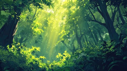 Obraz premium Dense rainforest trees illuminated by rays of sunlight, vibrant green foliage creating a serene natural atmosphere