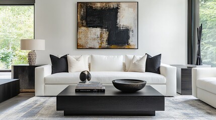 A stylish contemporary living room with a focus on minimalism, featuring a white couch, black coffee table, and abstract art