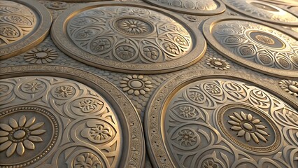 Intricate Circular Patterns with Engraved Floral Designs on Surface