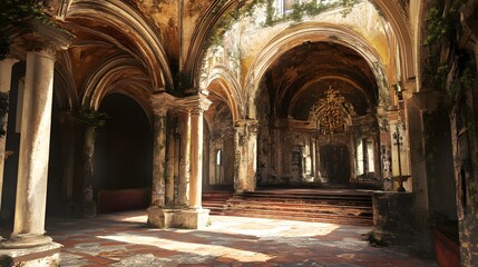 Obraz premium Ruins of Ancient Church Interior Sunlit Stone Columns Overgrown Architecture