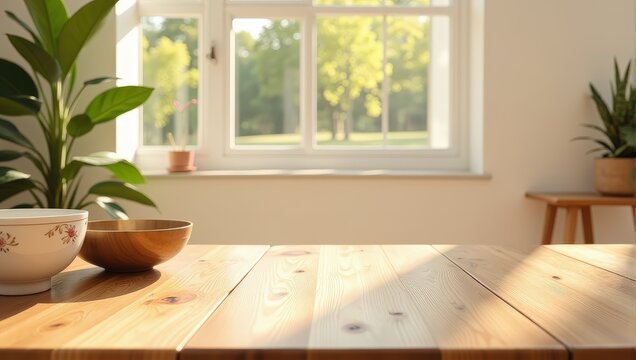 A cozy wooden table with horizontal planks holds a charming white bowl adorned with red florals on its left. The intricate details invite warmth and artistry into an inviting indoor setting