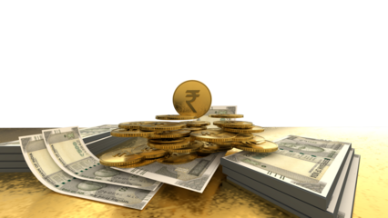 Golden Indian rupee sign and Indian currency coin isolated on 3d render. bearish and bullish golden arrow stock market background.	