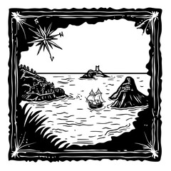 Black and white engraved nautical scene with ship and island