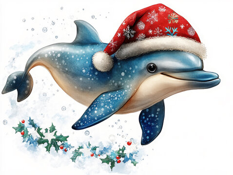 Dolphin wearing a festive red hat swims joyfully through a scene filled with holiday decorations Isolated on a white background