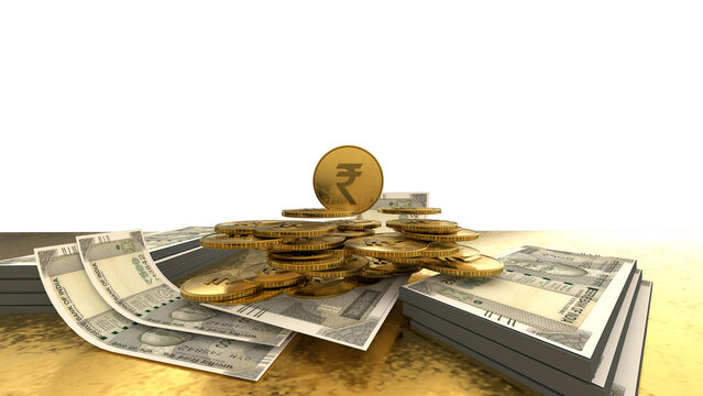 Golden Indian rupee sign and Indian currency coin isolated on 3d render. bearish and bullish golden arrow stock market background.	