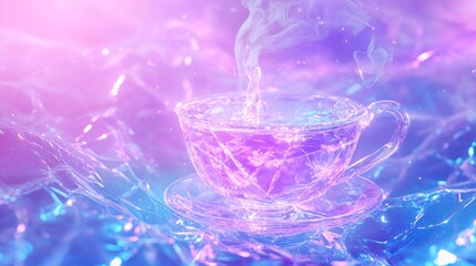 Ethereal Teacup Levitating in a Dreamlike Neon Environment with Steam Rising
