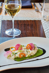seafood salad with a pea puree