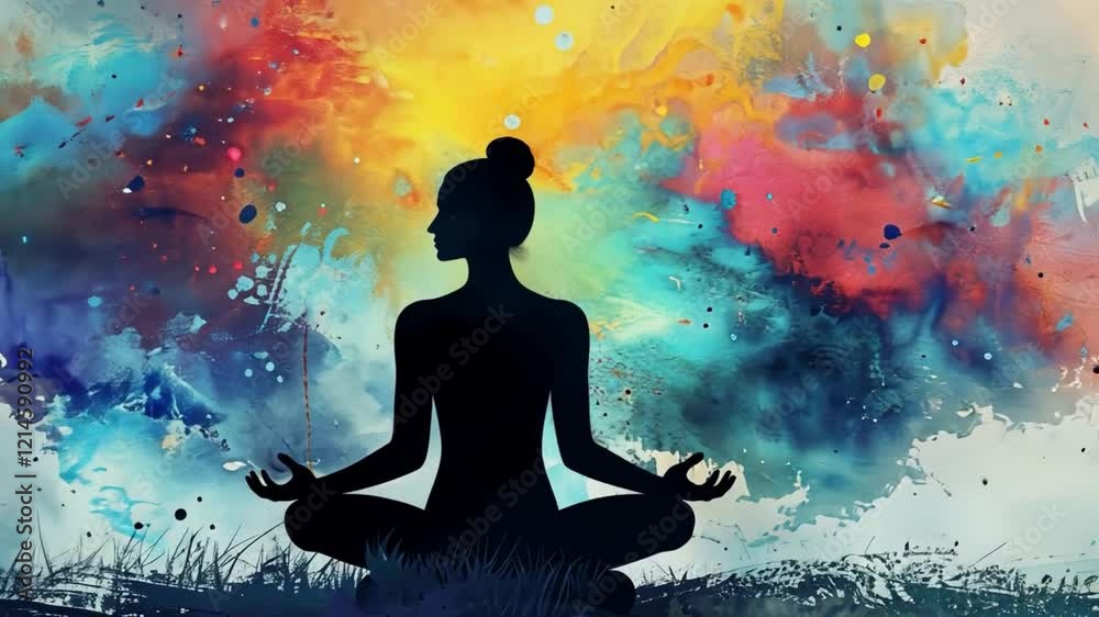 Poster A person sits cross-legged in a meditative pose, surrounded by a burst of colorful abstract patterns that evoke tranquility and inner peace. The artwork symbolizes mindfulness and connection.