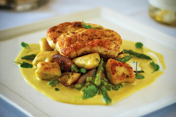 seared halibut with roasted vegetables and curry coconut sauce