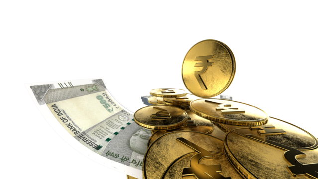 Golden Indian rupee sign and Indian currency coin isolated on 3d render. bearish and bullish golden arrow stock market background.	