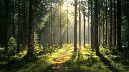 Naklejka premium Sunlit Forest Path Misty Woods Green Trees Nature Trail