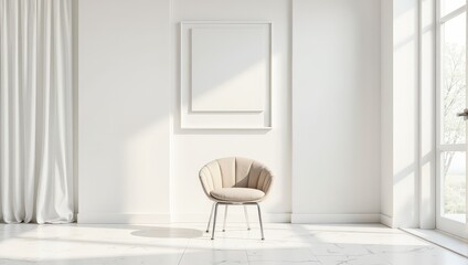 Close-up, eye-level shot of a cream-colored chair with sleek metal legs and a cozy beige cushion. Set against a pristine white wall, it sits atop smooth white-tiled flooring, inviting comfort and styl