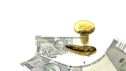 Golden Indian rupee sign and Indian currency coin isolated on 3d render. bearish and bullish golden arrow stock market background.	