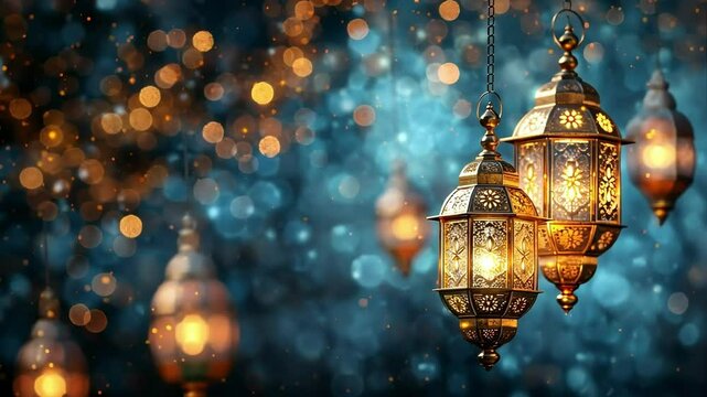 Traditional golden lanterns glowing warmly, hanging against blurred blue bokeh background. Ramadan, Eid al-Fitr settings