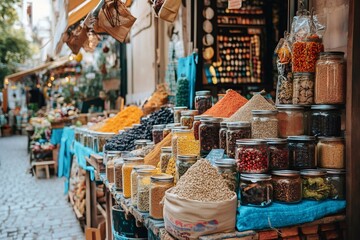 Obraz premium Colorful spices and herbs displayed on a market stall are attracting customers