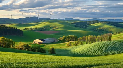 Obraz premium Panoramic View of Wind Turbines on Green Hills