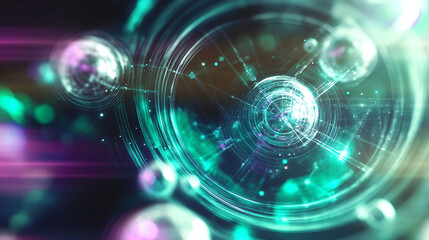 Abstract teal and purple glowing orb network. Futuristic digital concept art ideal for technology, science, AI, and connectivity themes. Use for websites, presentations, or social media.