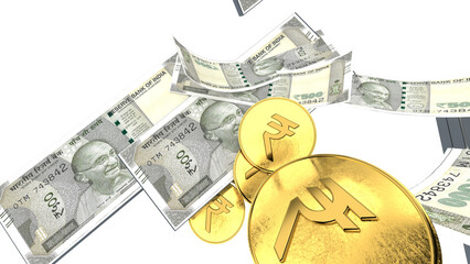 Golden Indian rupee sign and Indian currency coin isolated on 3d render. bearish and bullish golden...