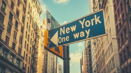 Obraz premium New York City one way street sign with urban architecture in the background under a sunny sky
