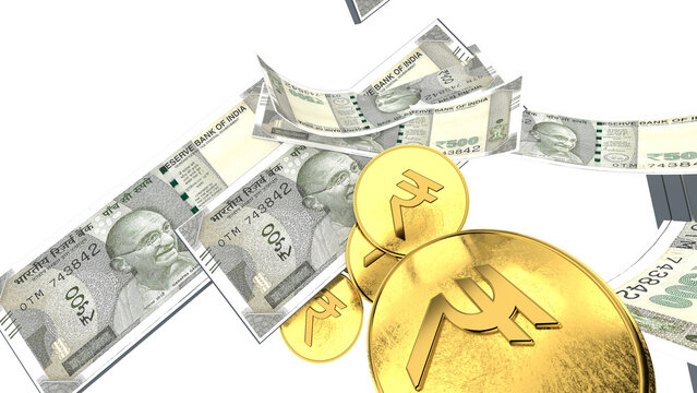 Golden Indian rupee sign and Indian currency coin isolated on 3d render. bearish and bullish golden arrow stock market background.	