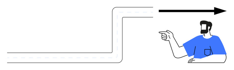 Hand-drawn style image with a man pointing towards a zigzag path and a bold arrow. Ideal for themes thumbs up direction, progress, leadership, navigation, strategy, motivation, decision-making