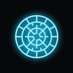 Blue neon sign of a round bank vault door is glowing on a black background